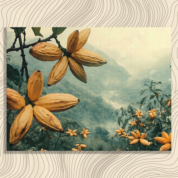 Golden Cocoa Pods Misty Tropical Valley Lush Botanical Wall Art