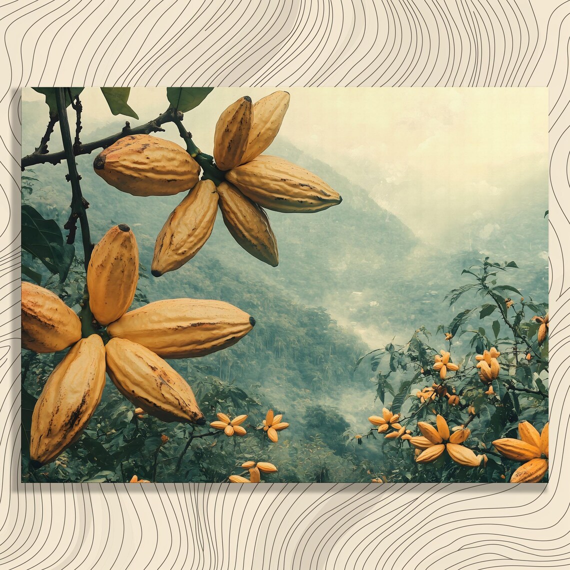Golden Cocoa Pods Misty Tropical Valley Lush Botanical Wall Art