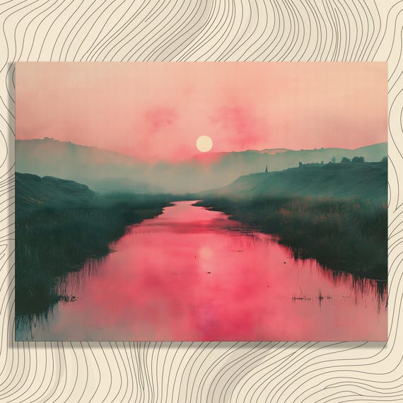 Serene Sunset River Canvas Wall Art Modern Landscape Print Decor Painting Gift For Nature Lovers Twilight Reflection Dusk Horizon Scenery