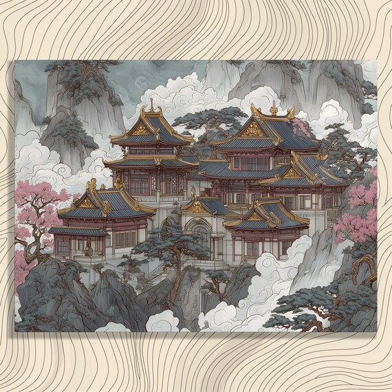 Misty Pagoda Canvas Wall Art Mountain Landscape Cherry Blossom Asian Architecture Zen Garden Rocky Cliffs Temple Oriental