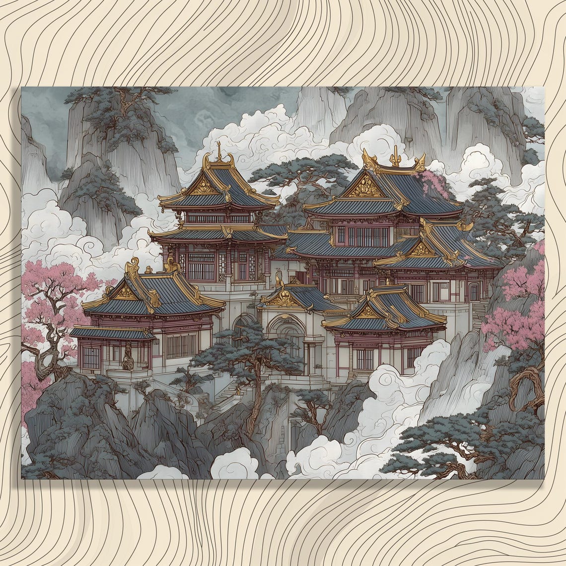 East Asian Mountain Temple Cherry Blossom Misty Landscape Poster