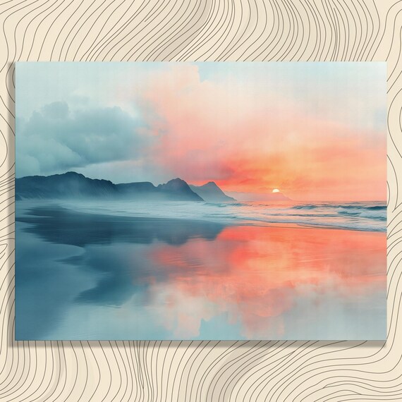 Beach Sunset With Pink Sky Reflections On Wet Sand Ocean Poster