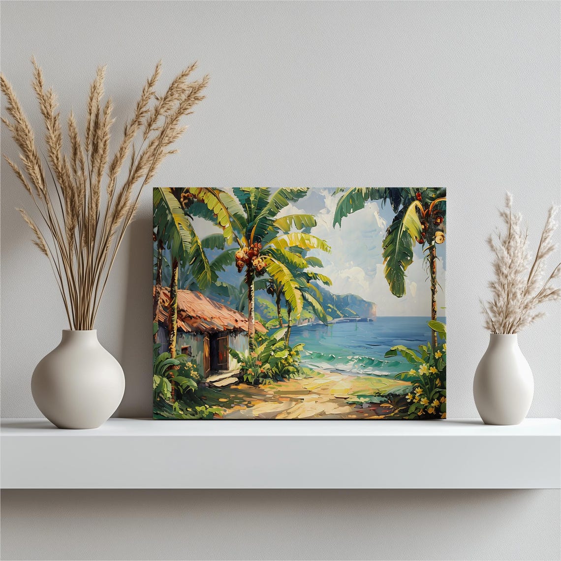 Tropical Beach Hut Palm Tree Ocean Shoreline Vacation Poster