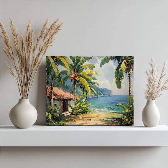 Tropical Beach Hut Palm Tree Ocean Shoreline Vacation Poster