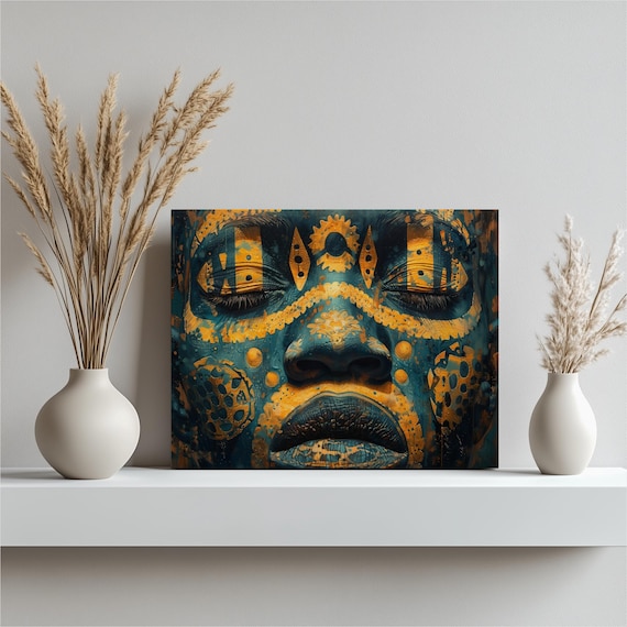 African Tribal Face Paint Portrait Teal Gold Abstract Art Poster