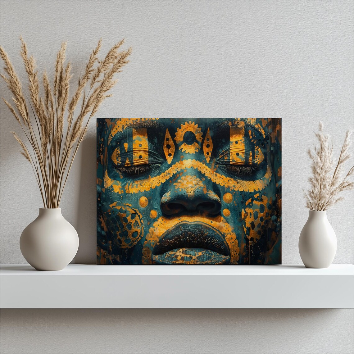African Tribal Face Paint Portrait Teal Gold Abstract Art Poster