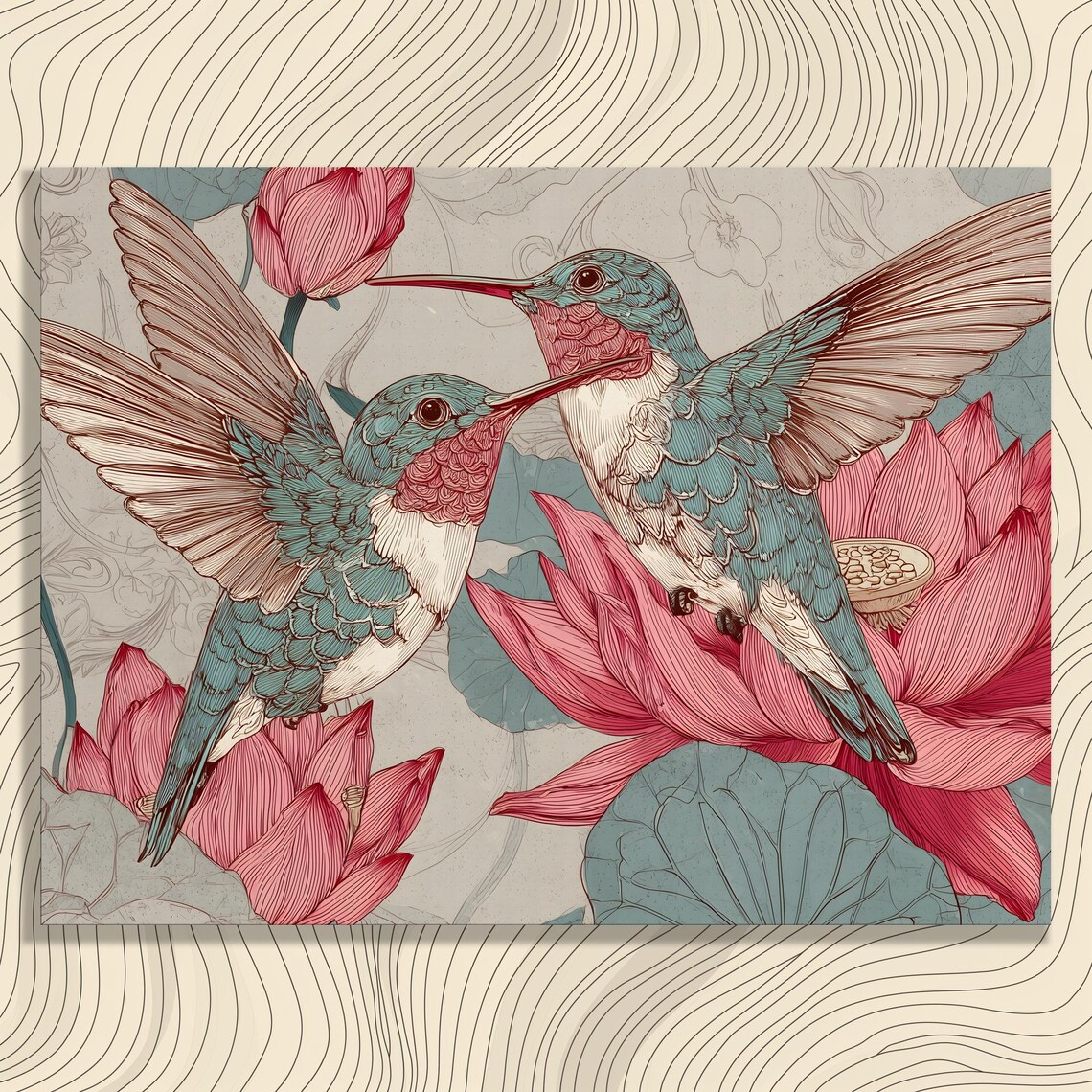 Hummingbirds and Pink Lotus Vintage Botanical Illustration Poster
