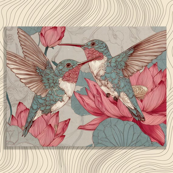 Hummingbird Canvas Wall Art Vintage Botanical Floral Print Pink Teal Nature Decor Bird Illustration Wildlife Artwork Line