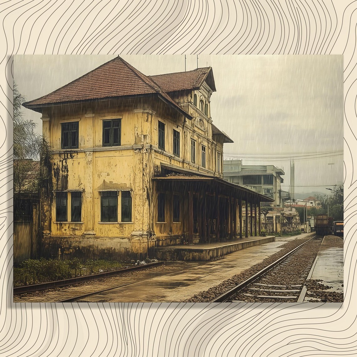 Vintage Train Station Rainy Day Colonial Railway Platform Art Poster