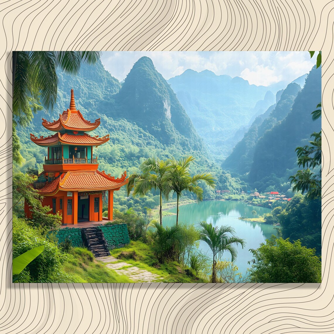 Pagoda Riverside Misty Karst Mountains Tropical Valley Scenic Poster