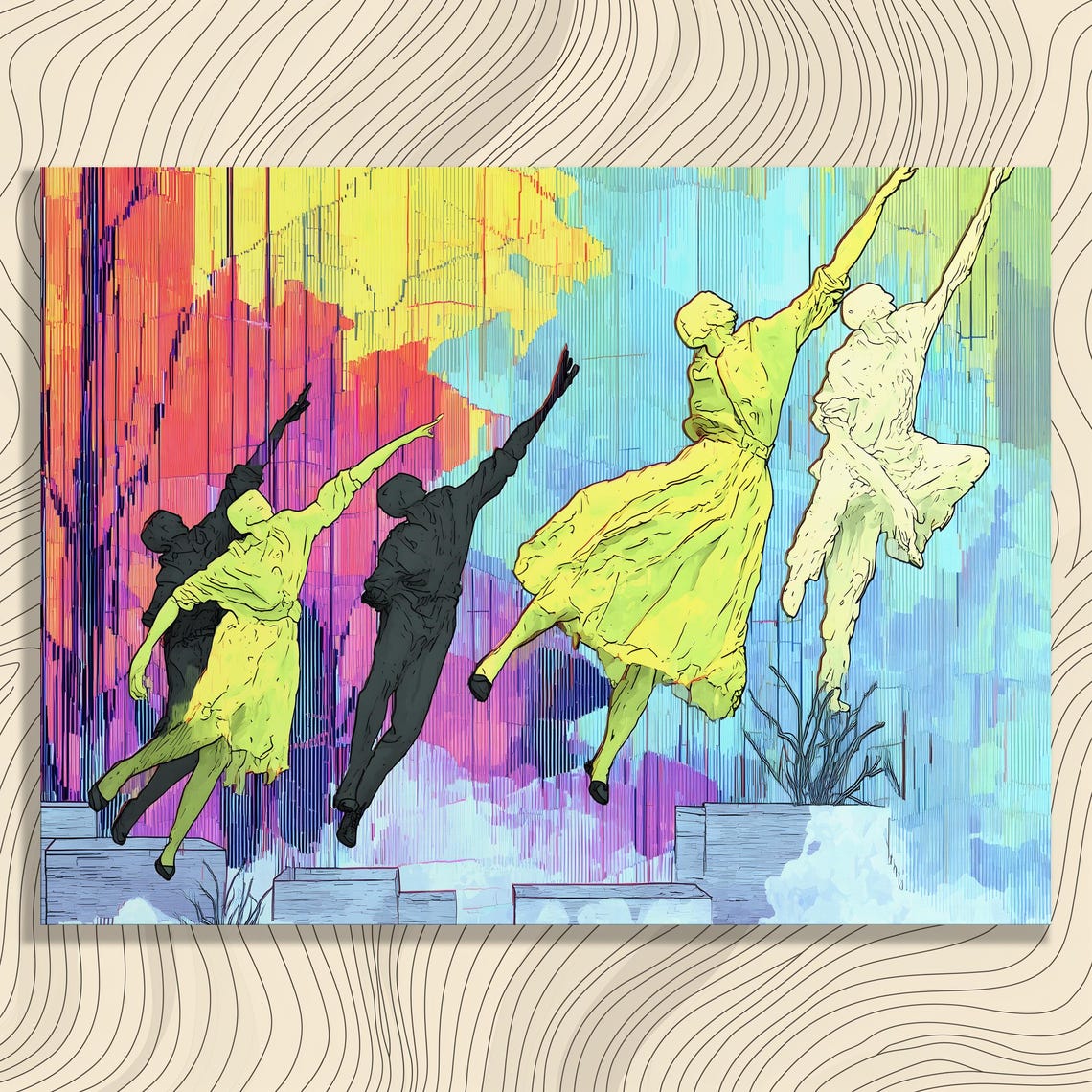 Jumping Dancers Neon Lime Dynamic Movement Colorful Dance Art Poster
