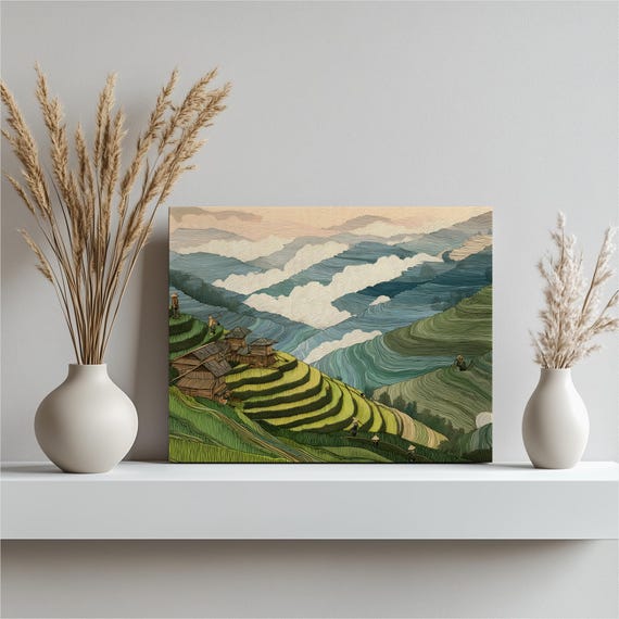 Rice Terrace Landscape Canvas Wall Art Colorful Mountain Hills Linework Drawing Pastel Green Blue Illustrated Nature Rural Print Decor