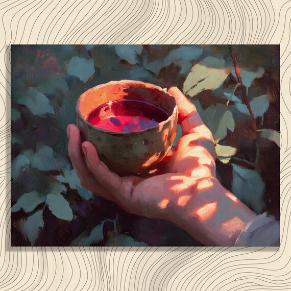 Hand Holding Tea Cup Impressionist Painting Dappled Sunlight Warm Poster