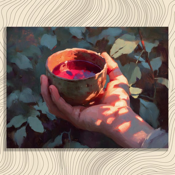 Impressionist Tea Cup Canvas Wall Art Boho Nature Print With A Hand Offering And Ceramic Bowl In Forest Sunlight For Rustic Decor