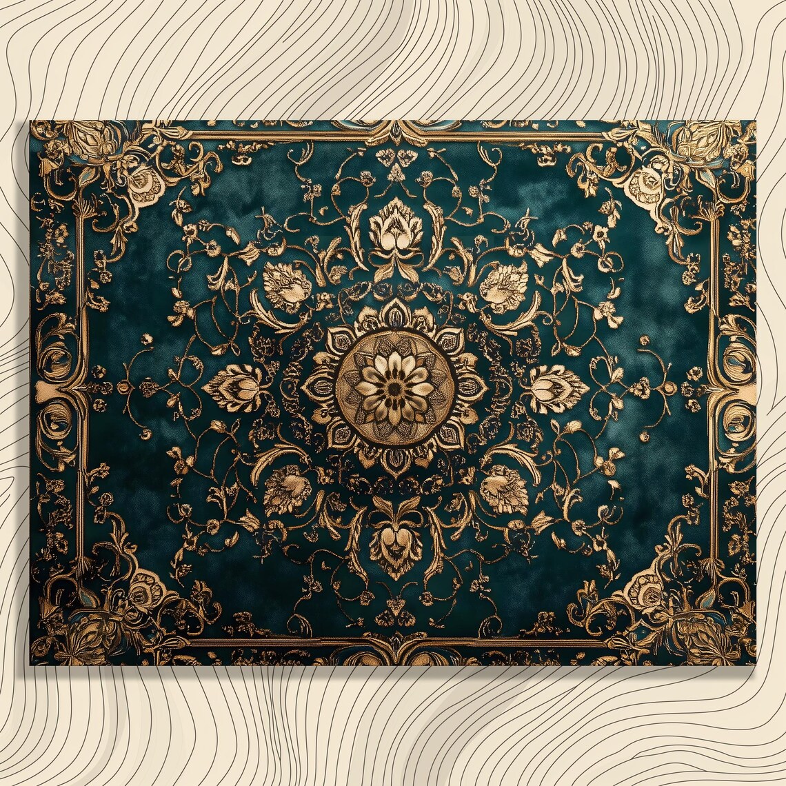 Intricate Baroque Gold Floral on Dark Teal Elegant Ornate Art Poster