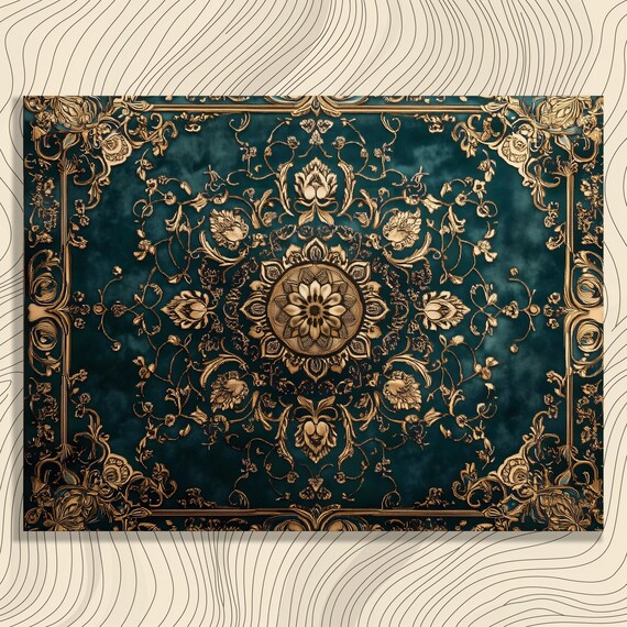 Intricate Baroque Gold Floral on Dark Teal Elegant Ornate Art Poster