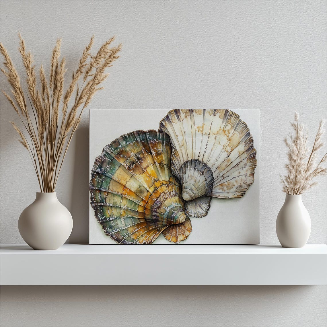 Scallop Seashells Watercolor Coastal Pair Ocean Decor Wall Art