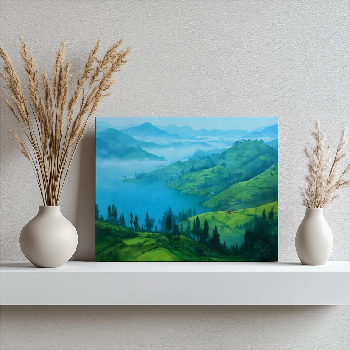 Misty Mountain Valley Lake Serene Blue Green Landscape Canvas Print