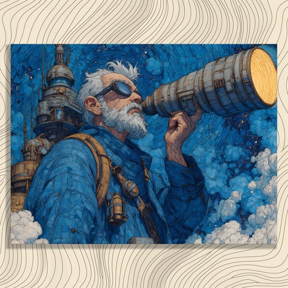 Steampunk Astronomer Canvas Wall Art Cosmic Stargazer With Telescope In Blue Night Sky Clouds Intricate Sci Fi Fantasy Illustration Print