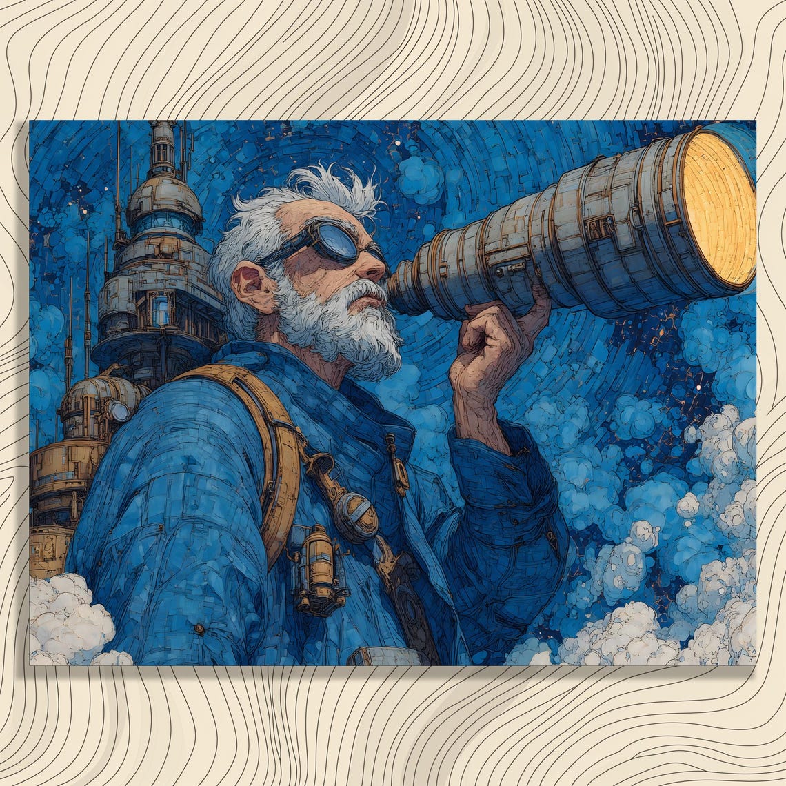 Steampunk Astronomer with Brass Telescope Blue Night Sky Print