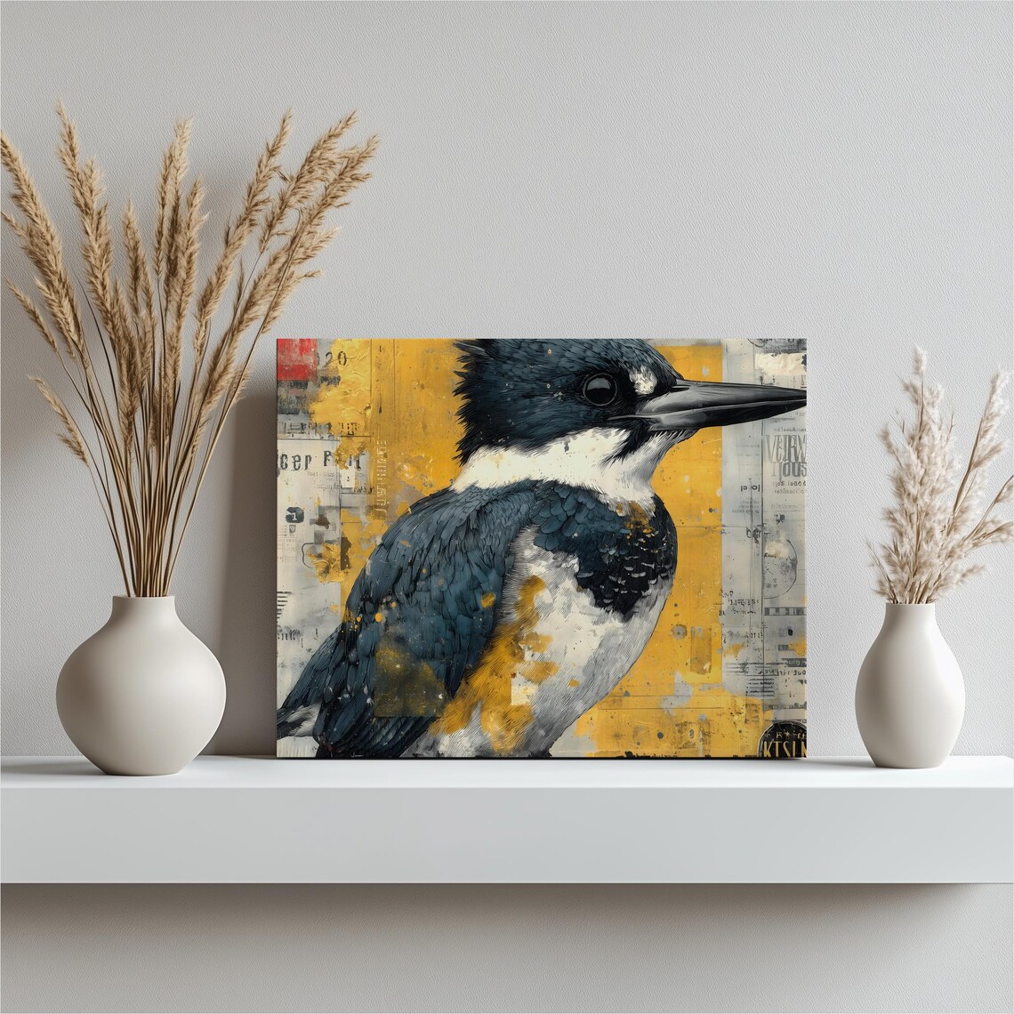 Vibrant Kingfisher Bird Mixed Media Gold Collage Art Photo Poster