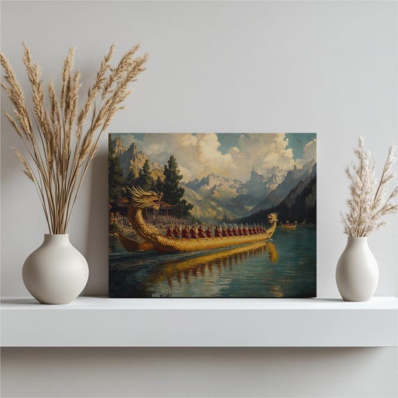 Dragon Boat Race Travel Poster, Mountain River Scene