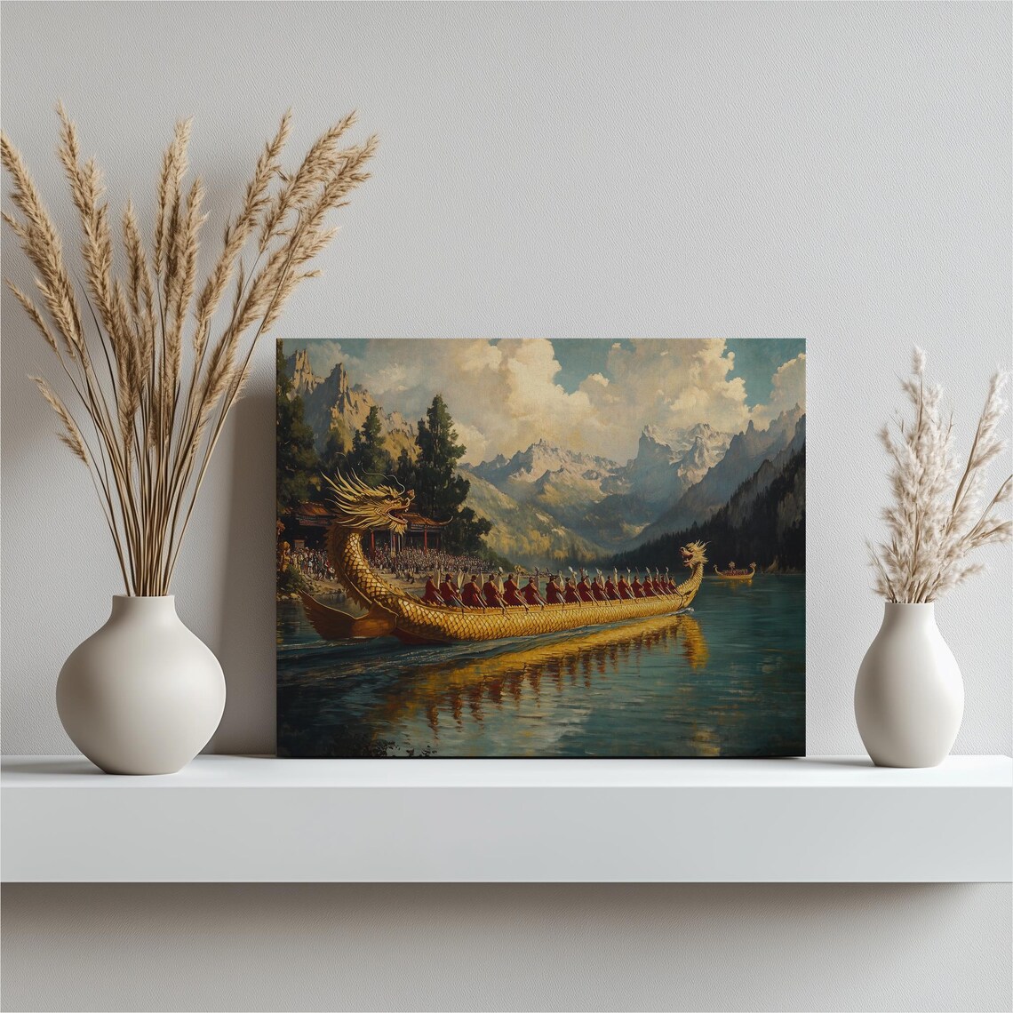 Dragon Boat Race Travel Poster, Mountain River Scene