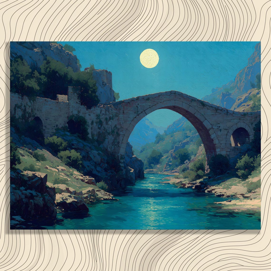 Moonlit Stone Arch Bridge Turquoise River Mountain Night Wall Art