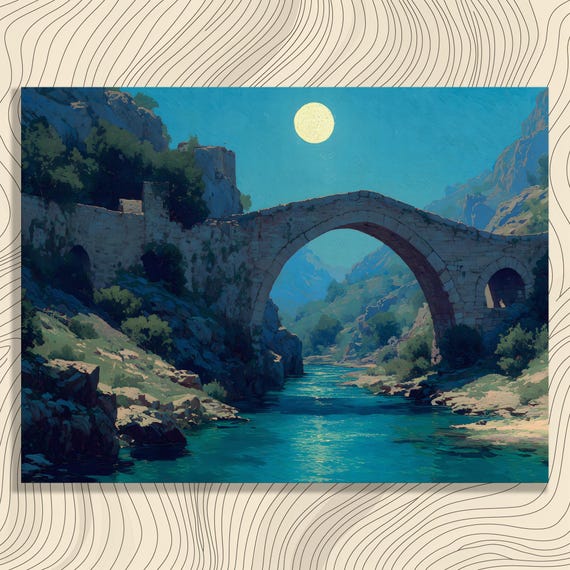 Stone Arch Bridge Canvas Wall Art Colorful Mountain Landscape With Turquoise River Valley Blue Green Painting Nature Print