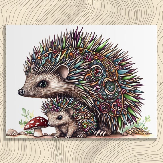 Hedgehog Canvas Wall Art Colorful Mushroom Painting Nature Boho Style Whimsical Prints Animal Illustration Gift