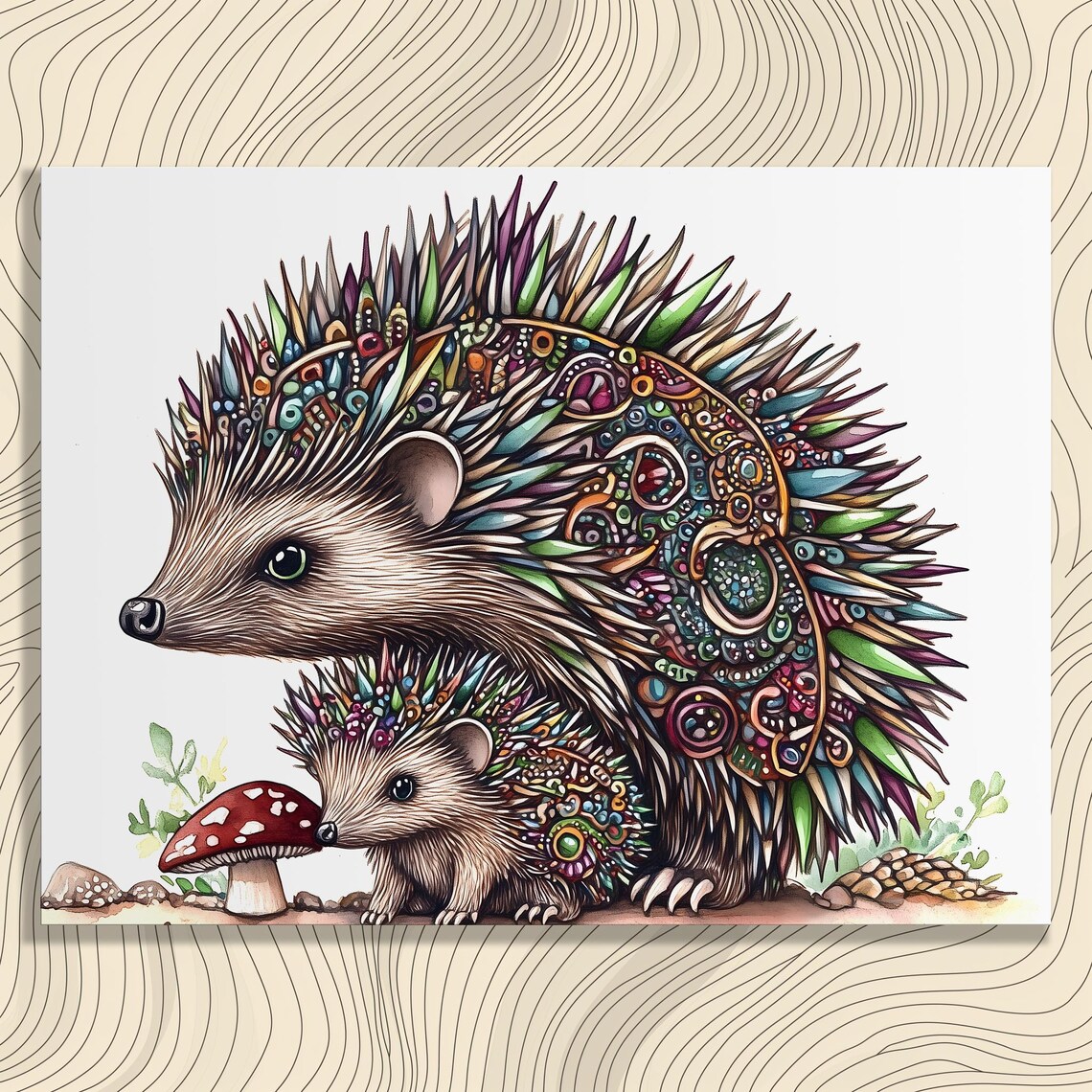 Mother Baby Hedgehog Ornate Quills Watercolor Mushroom Poster