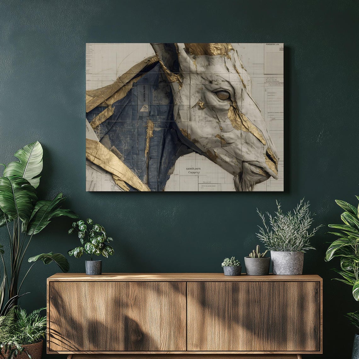 Horse Skull Blueprint Canvas Wall Art Modern Collage Gold Leaf Accents Equine Anatomy Print Abstract Mixed Media
