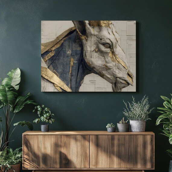 Horse Skull Blueprint Canvas Wall Art Modern Collage Gold Leaf Accents Equine Anatomy Print Abstract Mixed Media