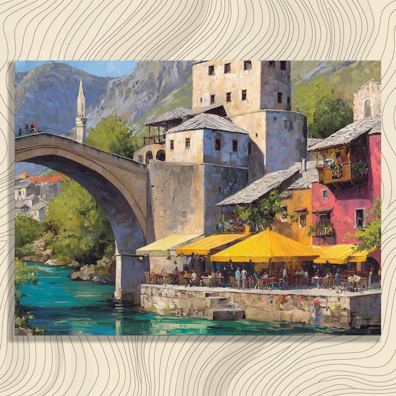 Mostar Stone Bridge Canvas Wall Art Bosnia River Scene European Cityscape Print Arch Decor Old Town Souvenir Gift Landscape