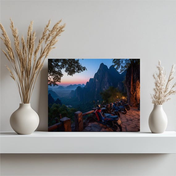 Motorcycle Mountain Sunset Canvas Wall Art Modern Landscape Print With Misty Valley Karst Peaks Outdoor Decor For Riders