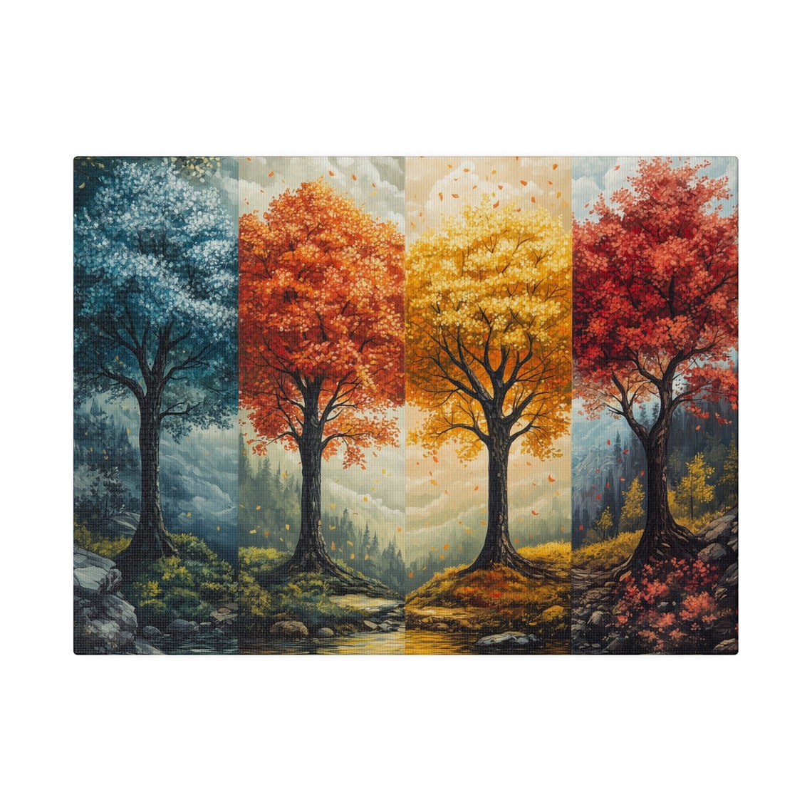 Four Seasons Canvas Wall Art Vibrant Nature Cycles Of Trees Leaves And Weather Seasonal Change Renewal Entrance Living Room