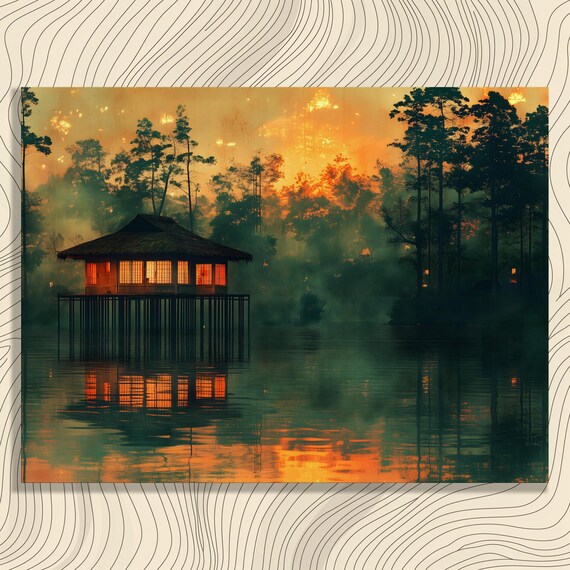 Sunset Stilt Hut Lakeside Tropical Mist Golden Reflection Wall Art