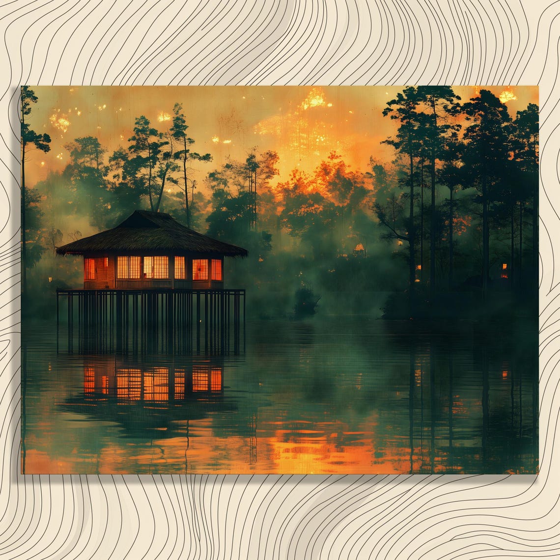 Sunset Stilt Hut Lakeside Tropical Mist Golden Reflection Wall Art