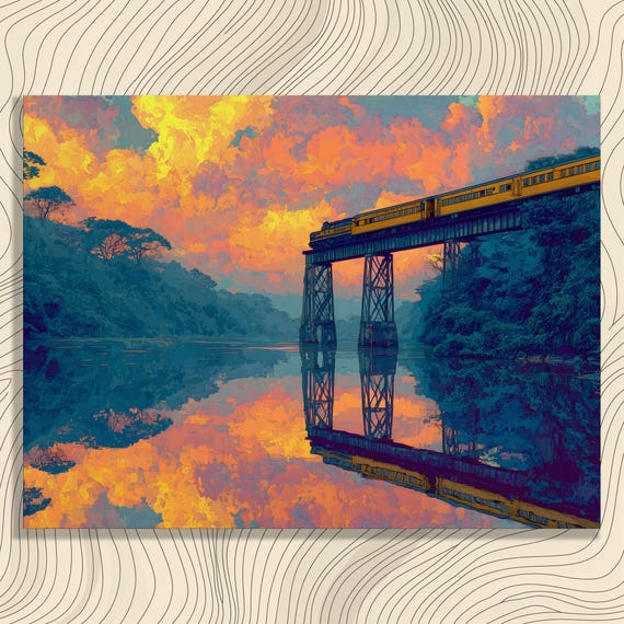Colorful Train Bridge Canvas Wall Art Sunset Railway Scene Over Reflective River At Golden Hour With Nature Landscape Print Modern Decor