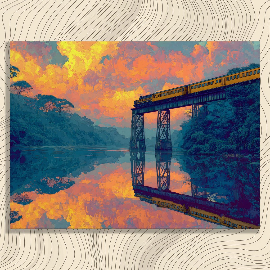Train Crossing Trestle Bridge Sunset River Reflection Poster