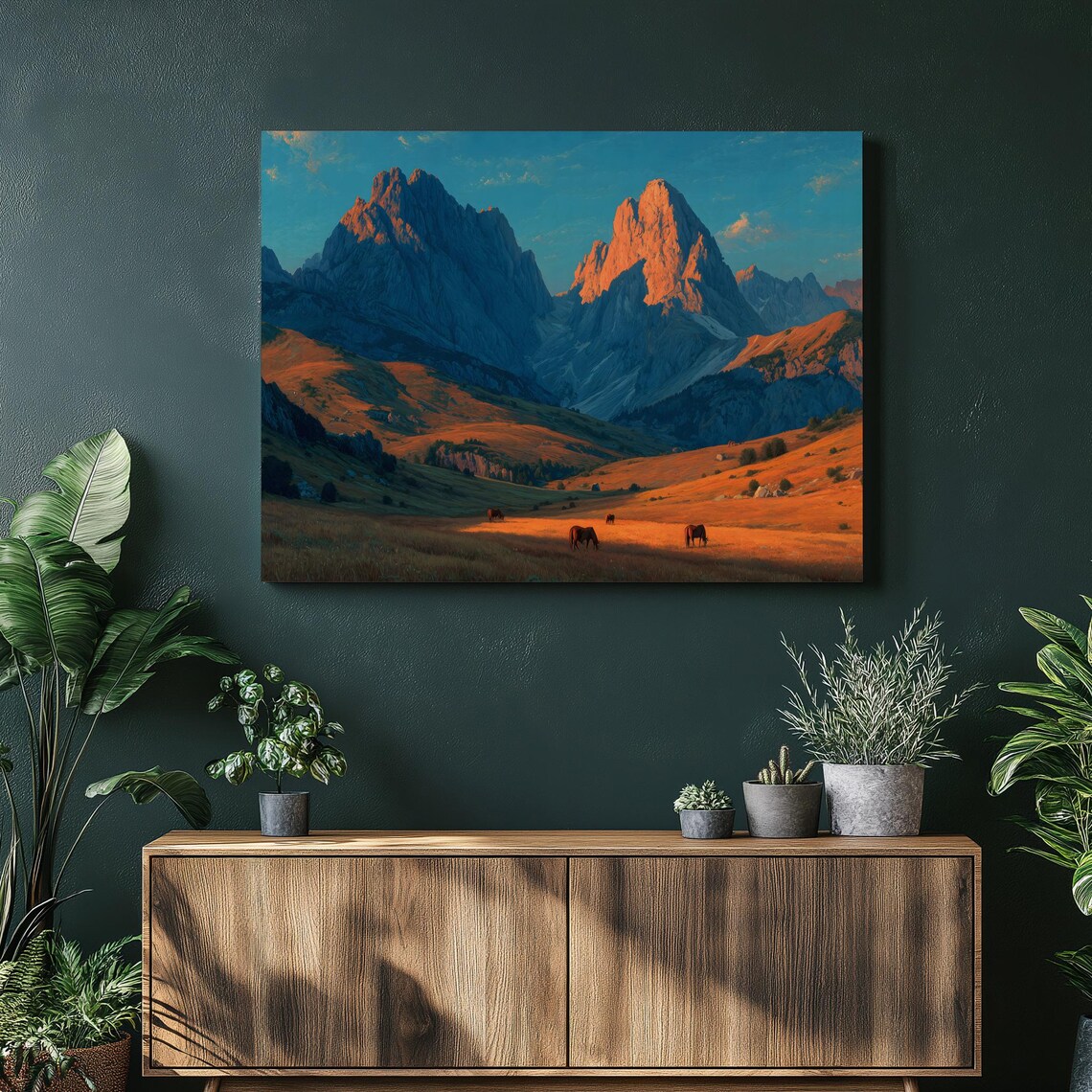 Golden Mountain Sunset Horses Grazing Meadow Alpine Painting Poster