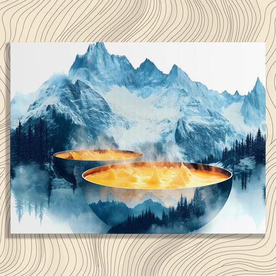 Surreal Mountain Bowls Canvas Wall Art Abstract Landscape Print With Gold Bowl Reflections Dreamlike Forest Decor Nature Lover Gift