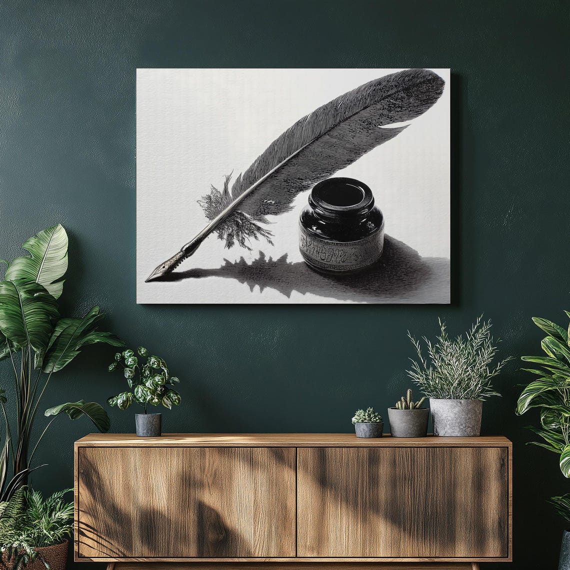 Quill Pen Ink Bottle Black White Still Life Dramatic Shadow Poster