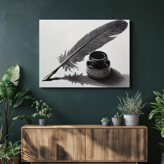 Quill Pen Ink Bottle Canvas Wall Art Minimal Line Calligraphy Print Feather Illustration Writing Decor Gift For Authors