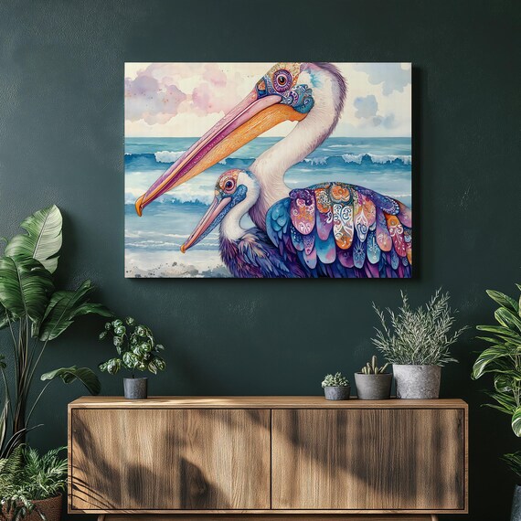 Colorful Pelican Pair Watercolor Beach Mandala Feather Art Print