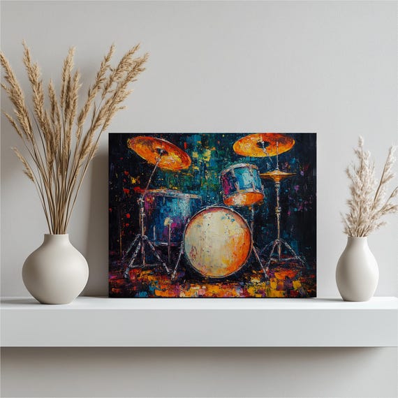 Drum Set Canvas Wall Art Vibrant Colorful Drums Painting Contemporary Music Decor For Living Room Home Office Studio Entryway