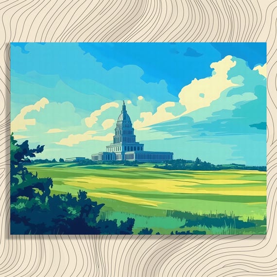 Vibrant Neoclassical Building Canvas Wall Art Landscape Artwork Modern Architectural Design Print With Blue Sky Clouds For Enthusiasts
