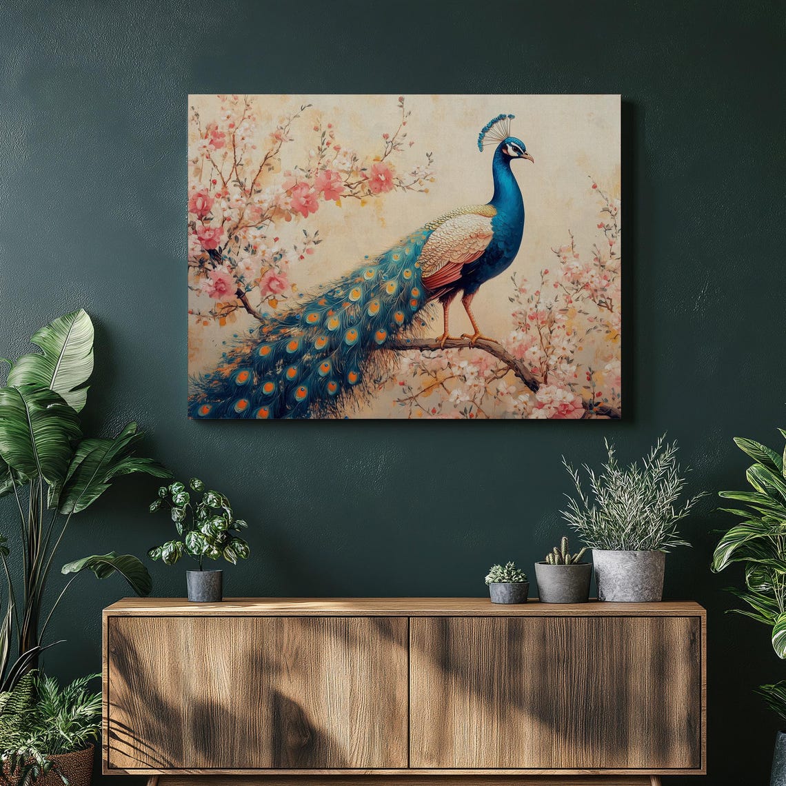 Graceful Peacock Walking Through Cherry Blossom Boughs Art Poster