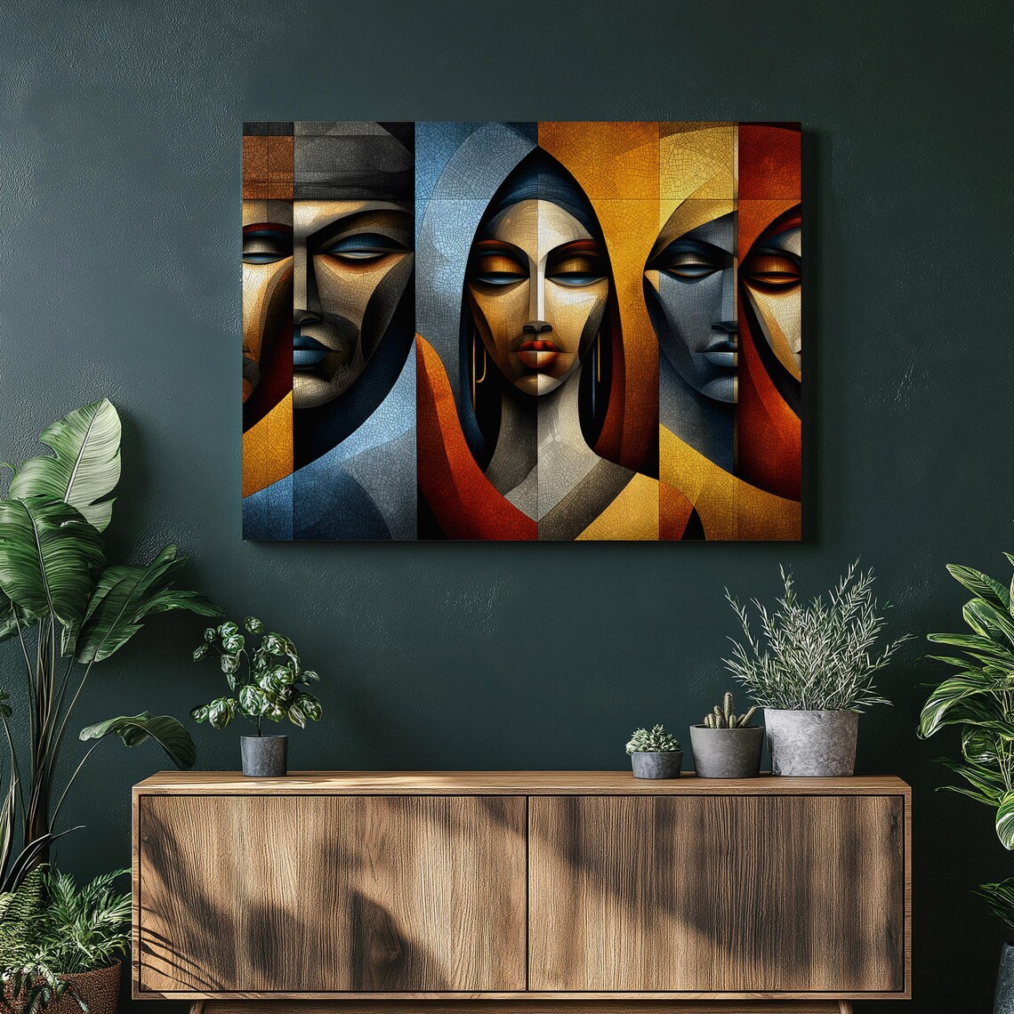 Cubist Geometric Faces Warm Orange Trio Modern African Art Poster