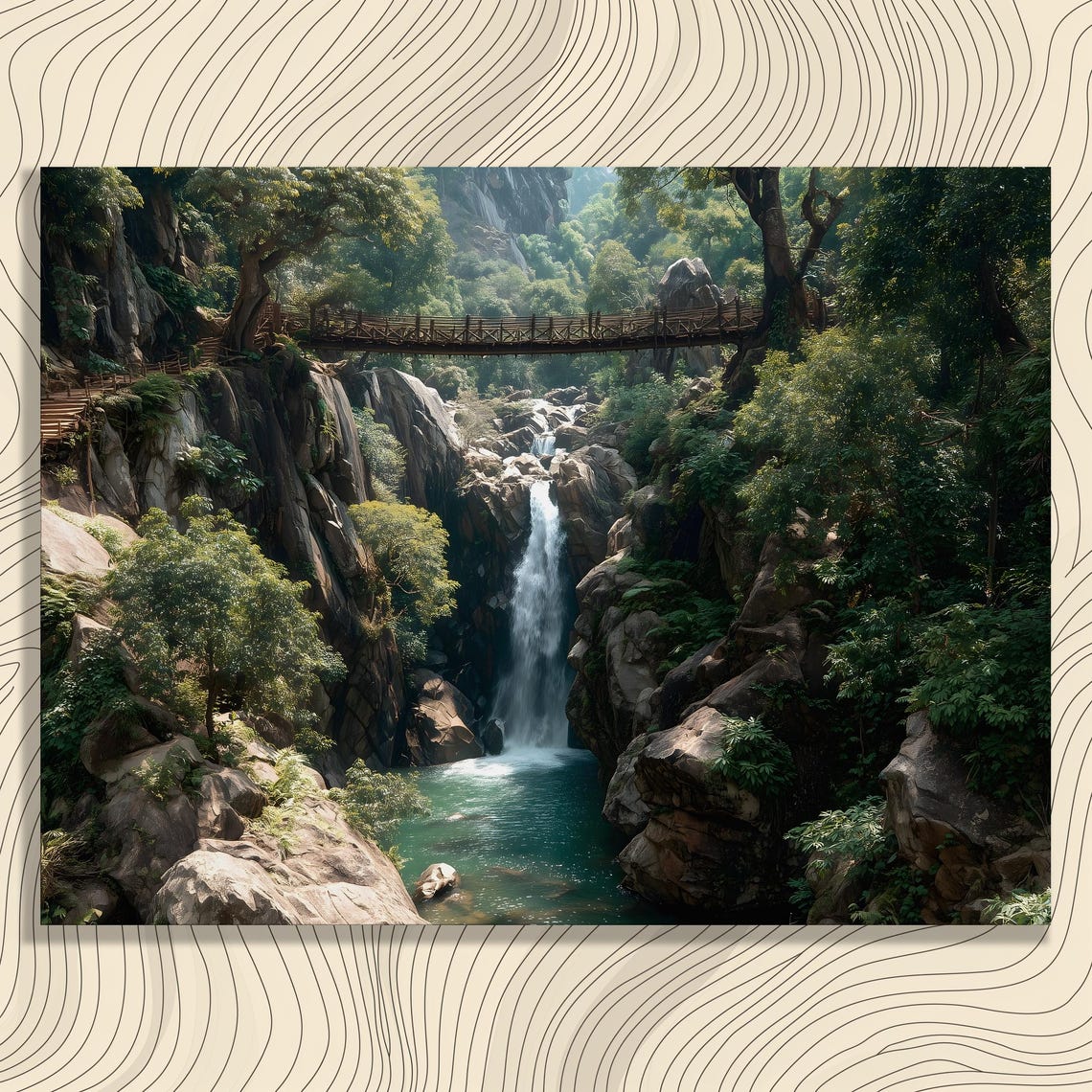 Jungle Waterfall Bamboo Bridge Lush Green Rainforest Photo Poster